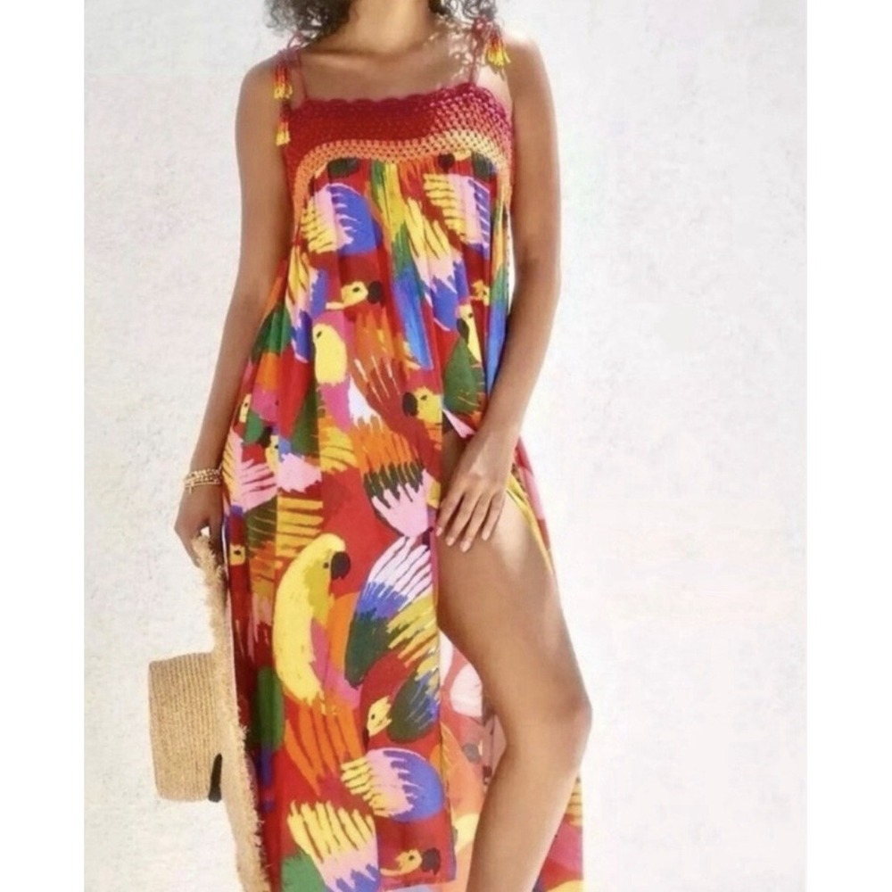 FARM Rio Macaw Party Crochet Beaded Cover-Up Beach Tropical Bird Beach Midi XL